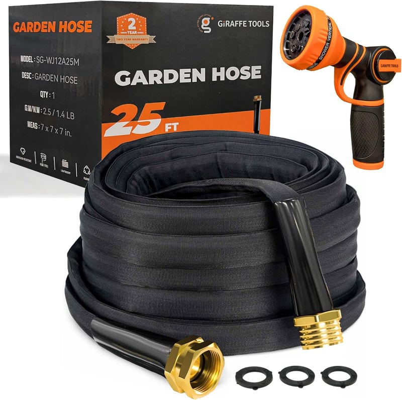 Giraffe Tools Garden Hose 25FT Lightweight Lay Flat Water Hose Kink Free Flexible Hose with 9 Spray Function Nozzle（Black） - Image 1